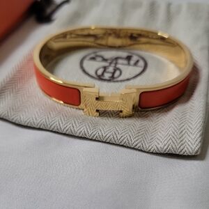 Hermes Orange Enamel Clic H Bracelet with Gold Hardware